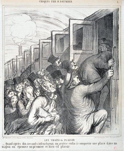 Opera di Honoré Daumier (1808-1879). Charivari del 1864: Serie Sketch Les trains de plaisir "- Quando dopo dieci assalti infruttuosi finalmente riusciamo a conquistare un posto in un vagone proviamo un primo e vivace piacere" MUSEE DES BEAUX AR da Honoré Daumier