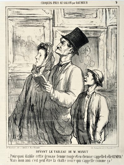 Serie CRUQUIS PAUIT AU SALON Davanti a un quadro di Manet "-Perché diavolo questa grossa donna rossa e in camicia si è chiamata Olympia? -Ma amico mio forse il gatto nero si chiama così?". MUSEE DES BEAUX ARTS - PALAIS LONGCHAMP, MARSEILLE da Honoré Daumier