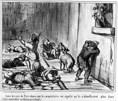 Aspetto delle strade di Parigi da quando i proprietari hanno fatto sapere che non avrebbero più ammesso nei loro edifici né cani né bambini, tratto da "Tenants et Proprietaires", una serie di caricature di Honore Daumier (1808-1879). "Charivari" da Honoré Daumier