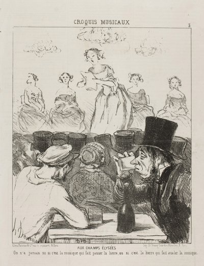 Ai Champs-Elysées, non è mai stato chiaro se la musica fa scendere la birra, o la birra che ti fa ingoiare la musica, tavola 3 da Croquis Musicaux, 1852 da Honoré Daumier