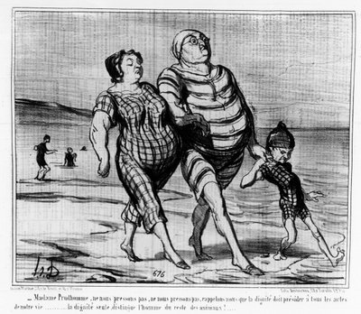 Ai bagni di mare: famiglia parigina che passeggia su una spiaggia - di Daumier, in "Charivari" da Honoré Daumier