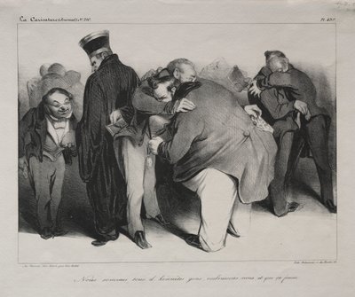 Caricatura, tavola 439: Siamo tutti uomini onesti, quindi abbracciamoci e finiamola da Honoré Daumier