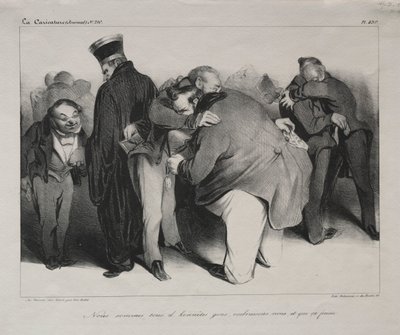 Caricatura, tavola 439: Siamo tutti uomini onesti, quindi abbracciamoci e finiamola, 1834 da Honoré Daumier