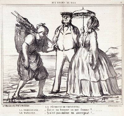 Cartone animato sui turisti parigini in vacanza. Serie "Ax Bains de Mer": "La pesca dei gamberetti..." Incisione di Honore DAUMIER (1808-1879). Estratto dal giornale "Le Charivari" del 5 settembre da Honoré Daumier