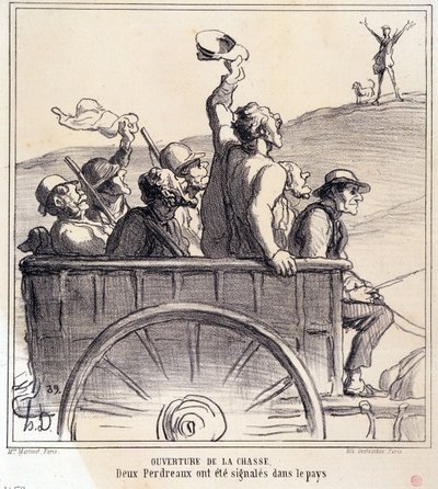 Cartone animato sui cacciatori. Serie “Schizzo autunnale: Apertura della caccia, due pernici segnalate in campagna”, dal giornale “Le Charivari” da Honoré Daumier