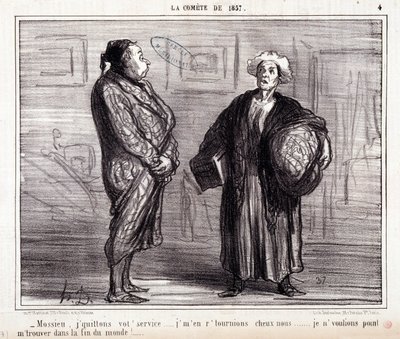 Cartone animato sulla scienza. Serie "Sulla Cometa del 1857": "Mossieu, lascio il tuo servizio...". Incisione di Honore Daumier. Estratto dal giornale "Le Charivari" del 13 marzo da Honoré Daumier