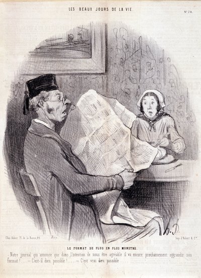 Cartone animato sulla stampa. Serie "I bei giorni della vita": "Il formato sempre più mostruoso...". Incisione di Honore DAUMIER (1808-1879). Estratto dal giornale "Le Charivari" del 18 ottobre da Honoré Daumier