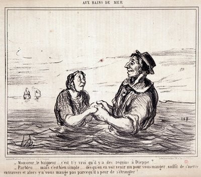 Cartone animato sui turisti in vacanza. Serie “aux Bains de Mer”: “Monsieur le bathneur... è vero che ci sono squali a Dieppe?...” Incisione di Honoré Daumier. Estratto dal giornale “Le Charivari” 8 giugno da Honoré Daumier