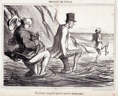 Vignetta sui turisti in vacanza. Serie "Ax Bains de Mer": "Emozioni di viaggio. Parigino sorpreso dalla marea crescente". Incisione di Honoré Daumier (1808-1879). Estratto dal giornale "Le Charivari" 8 ottobre da Honoré Daumier