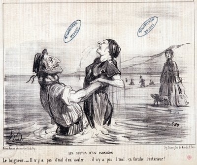 Vignetta sui turisti in vacanza. Serie "Les Bains de Mer": "Schizzo acquatico. Le sequenze di un tuffo". Incisione di Honoré Daumier (1808-1879). Estratto dal giornale "Le Charivari" nel 1853. da Honoré Daumier