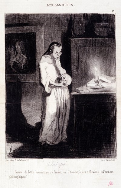 Vignetta sulle scrittrici. Serie "Les Bas Bleus": "Donna di lettera umanitaria che si abbandona a riflessioni filosofiche!". Incisione di Honoré Daumier (1808-1879). Estratto dal giornale "Le Charivari" 10 marzo da Honoré Daumier