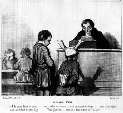 Cartone animato di Daumier su mais e scolari. "Un servizio di un amico": - Almeno al momento giusto... non sei come questo pigro piccolo Julien... conosci la tua lezione sulla punta del dito! - Vecchio jobard va... è sulla punta del mio che conosce da Honoré Daumier