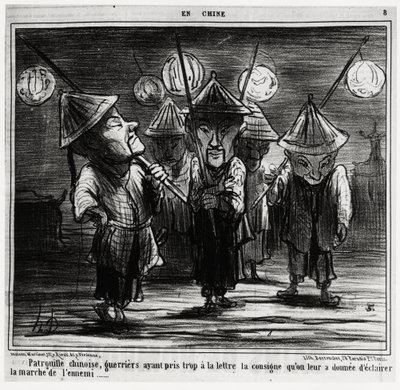 Pattuglia cinese, guerrieri che hanno preso troppo alla lettera le istruzioni che gli erano state date per illuminare la marcia del nemico. Nella serie En Chine, illustrazione di Honore Daumier (1808-1879), pubblicata in "Charivari", datata 25 gennaio da Honoré Daumier