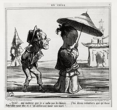 Cristo! Non so parlare cinese... Le dirò volentieri qualcosa di piacevole per lei e disobbligante per suo marito!... Nella serie En Chine, illustrazione di Honore Daumier (1808-1879), pubblicata in "Charivari", datata 12 gennaio da Honoré Daumier