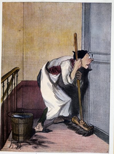 Portinaia che guarda attraverso un buco della serratura - disegno di Daumier, n.d. XIX secolo da Honoré Daumier