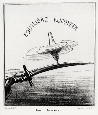 Equilibrio europeo: Rinascita giapponese. Subito dopo il ripristino del regime imperiale in Giappone, a seguito delle dimissioni dello shogunato Tokugawa nel novembre 1867. Illustrazione di Honoré Daumier (1808-1879), pubblicata nelle notizie, "Charivari", da Honoré Daumier