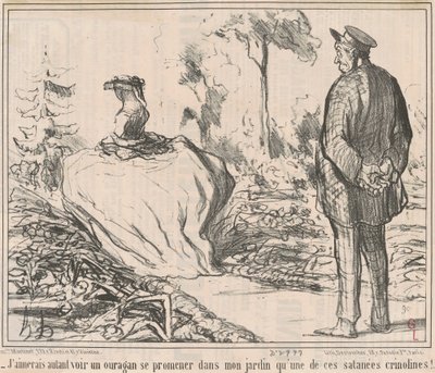 Preferirei vedere un uragano passeggiare nel mio giardino piuttosto che una di queste dannate crinoline! da Honoré Daumier