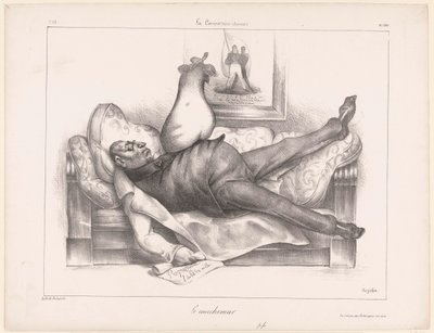 Karikatuur van Gilbert du Motier, markies de la Fayette, tijdens een nachtmerrie da Honoré Daumier