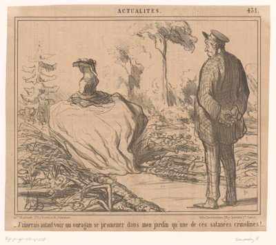 Uomo vede donna con gonna a cerchio passeggiare nel suo giardino da Honoré Daumier