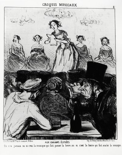 Schizzi musicali: agli Champs Elysees, non si è mai saputo se è la musica che fa passare la birra o la birra che fa ingoiare la musica. Illustrazione di Honore Daumier (1808-1879), pubblicata in "Charivari", data 12 febbraio 1852. da Honoré Daumier