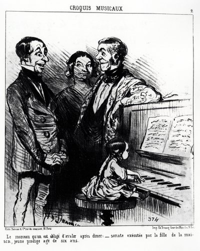 Bozzetti musicali: la canzone che sei costretto a ingoiare dopo cena: sonata eseguita dalla figlia di casa, una giovane prodigio di sei anni. Illustrazione di Honore Daumier, pubblicata in 