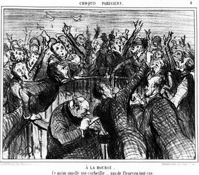 Sulla borsa, ciò che si chiama un cesto, nessun fiore in ogni caso: serie di caricature sulla borsa di Honore Daumier. "Charivari" da Honoré Daumier