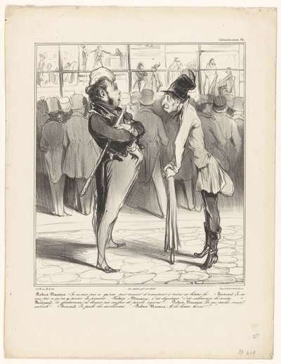 Robert-Macaire in conversazione con Bertrand davanti alla vetrina di un negozio di stampe da Honoré Daumier