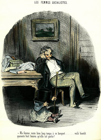Donne socialiste. Caricatura antifemminista che raffigura un uomo che aspetta con il suo bambino la moglie scomparsa da due giorni. Litografia di Honoré Daumier (1808-1879) XIX secolo Collezione privata da Honoré Daumier