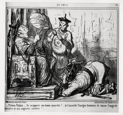 Tchinn Tchinn... Mi porti buone notizie! Ti concedo il grande onore di baciare la polvere augustea delle mie scarpe auguste. Nella serie In Cina, illustrazione di Honore Daumier (1808-1879), pubblicata in “Charivari”, datata 7 dicembre da Honoré Daumier