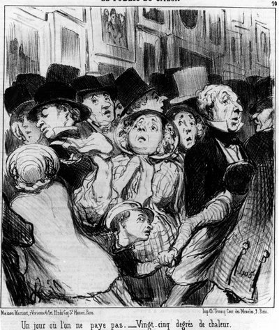 Il pubblico dello spettacolo. Un giorno non si paga. Venticinque gradi di calore, tratto da "Quadri e Saloni", serie di cartoni animati di Honore Daumier (1808-1879). "Charivari" da Honoré Daumier