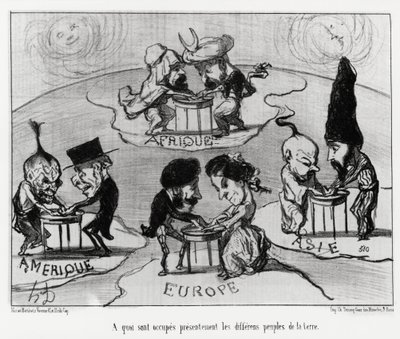 Tavoli rotanti (fluidomania): cosa stanno facendo attualmente i diversi popoli della terra. Illustrazione di Honore Daumier (1808-1879), pubblicata nelle notizie, "Charivari", datata 22 giugno da Honoré Daumier