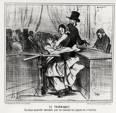 Esposizione universale: il tornello: una nuova macchina inventata da un nemico delle sottogonne a crinolina. Illustrazione di Honore Daumier (1808-1879), pubblicata nelle notizie, "Charivari", datata 26 giugno 1855 da Honoré Daumier