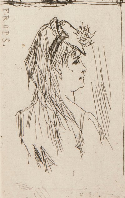 a. Testa di un vecchio di Daumier (in alto a sinistra); b. Chez Charles Beriot di Taiee (in alto al centro); c. Testa di una giovane donna di Rops (in alto a destra); d. Paesaggio fluviale di Harpignies (in basso al centro); e. Profilo di una giovane donna da Honoré Daumier