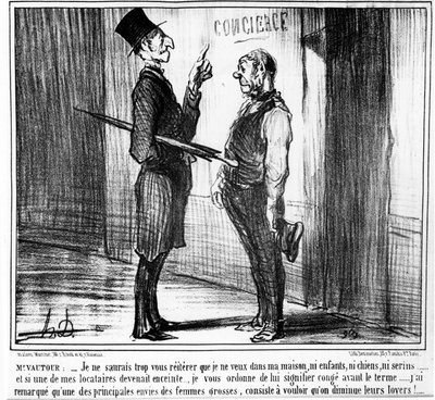 Signor Vautour: non posso dirvi troppo che non voglio nella mia casa né bambini né cani, né serini... e se uno dei miei inquilini rimane incinta, vi ordino di significare il congedo prima del termine... ho notato che uno dei principali desideri delle donne da Honoré Daumier