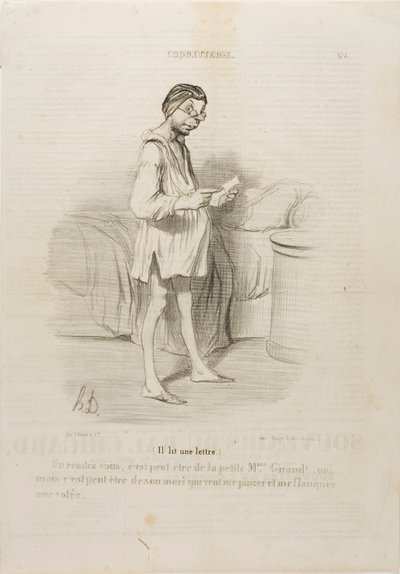 (Legge una lettera) "Un appuntamento, potrebbe essere della simpatica Mme Giraud Sì, ma potrebbe anche essere di suo marito che vuole darmi un pizzicotto...", piatto 8 da Coquetterie da Honoré Victorin Daumier