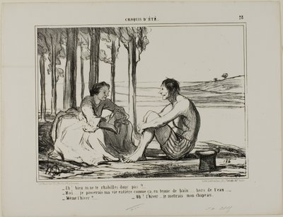 "- Non ti vesti - No... Rimango così in tenuta da bagno tutto il giorno, fuori dalla piscina. - Anche in inverno - Allora mi metto il cappello!", tav. 28 da Croquis D