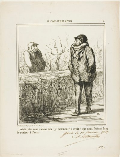 "Ciao, vicino, sei come me Comincio a credere che faremmo bene a tornare a Parigi", piatto 1 da La Campagne En Hiver da Honoré Victorin Daumier