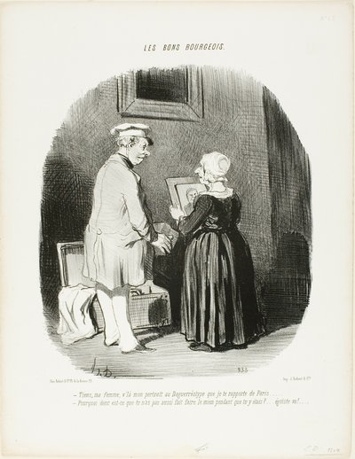 "Ecco, moglie mia, il mio ritratto in dagherrotipo che ho portato per te da Parigi... - Perché non hai fatto fare il mio mentre eri lì... sparisci, egoista!", lastra 28 da Les Bons Bourgeois da Honoré Victorin Daumier