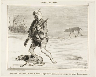 "- Mi chiedo perché questa bestia mi segua sempre... Pagherò volentieri 6 sous per saltare su un autobus", piatto 1 da Émotions de Chasse da Honoré Victorin Daumier