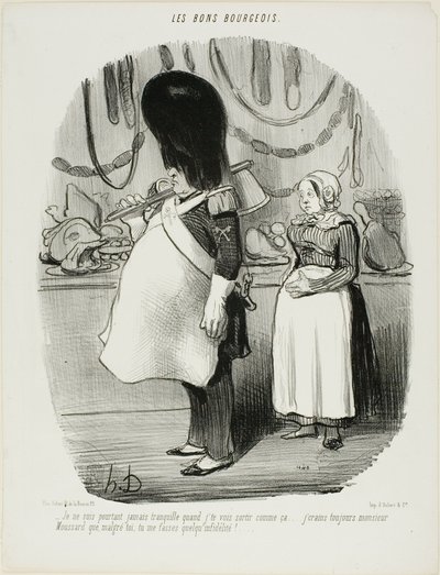 "Non sono mai tranquillo quando vi vedo uscire così... Ho sempre paura, Monsieur Moussard, che siate infedele", tavola 67 di Les Bons Bourgeois. da Honoré Victorin Daumier