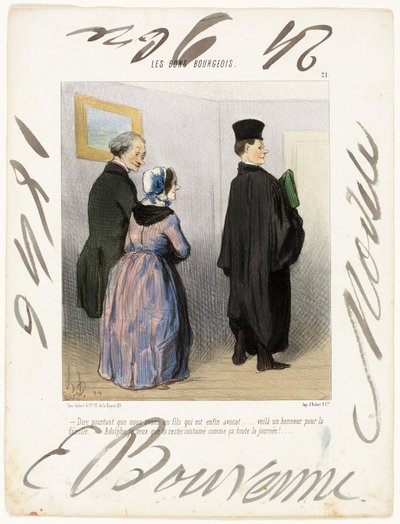 "- Non è meraviglioso avere un figlio avvocato... che onore per la famiglia... Adolph, voglio che tu rimanga vestito così tutto il giorno!...", piatto 21 da Les Bons Bourgeois da Honoré Victorin Daumier