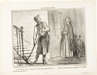 "- È inutile mostrarvi il mio appartamento. Non affittiamo a madri con bambini", piatto 1 di Les Portiers De Paris. da Honoré Victorin Daumier