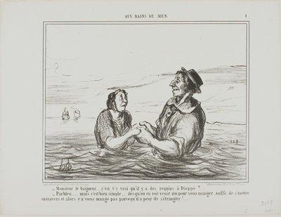 "- Mr.Lifeguard.... è vero che ci sono squali a Dieppe - Certo... ma è abbastanza semplice... appena ne vedi uno che viene a mangiarti, non devi far altro che sdraiarti di lato. Non vi mangerà per paura di morire soffocati", piatto 1 da Aus Bains D da Honoré Victorin Daumier