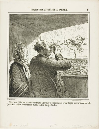 "Signor Colimard, se non smette immediatamente di guardare le ballerine in modo così sconveniente, la riporterò a casa prima della fine dello spettacolo!", lastra 4 da Croquis Pris Au Théatre par Daumier da Honoré Victorin Daumier