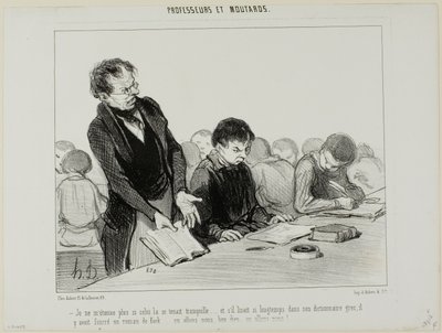 "- Ora capisco perché questo tizio era così silenzioso tutto il tempo..... invece di leggere tranquillamente il suo dizionario di greco, si abbandonava a un romanzo di de Kock.... Oh mio Dio.... dove andrà a finire tutto questo!!!", piatto 22 di Professeur da Honoré Victorin Daumier