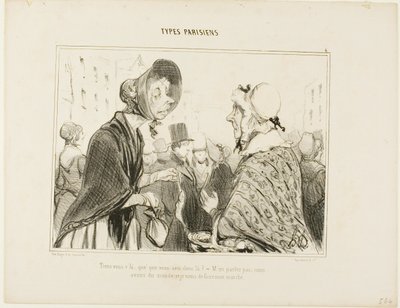 "- Oh, eccoti qui..... cosa hai lì ..... - Non parliamone.... abbiamo ospiti, e io ho appena fatto la spesa", piatto 6 da Types Parisiens da Honoré Victorin Daumier