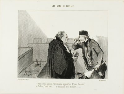 "- Dovrebbe essere una grande performance oggi, signor Galuchet... - Credo di sì... Un caso di omicidio con uno stupro in mezzo...", piatto 31 di Les Gens De Justice. da Honoré Victorin Daumier