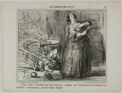 - Presa dalla sua parte di operetta, Madame de St. Chalumeau grida così forte da non accorgersi del muggito del figlio, tavola 13 da Les Comédiens De Société da Honoré Victorin Daumier