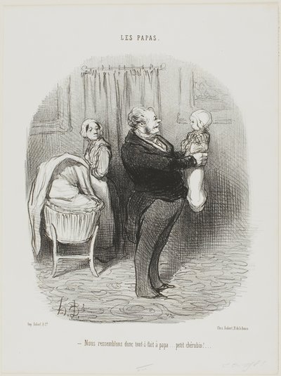 "Assomigliamo davvero a papà, non è vero... piccolo Cherubino!", piatto 14 da Les Papas da Honoré Victorin Daumier