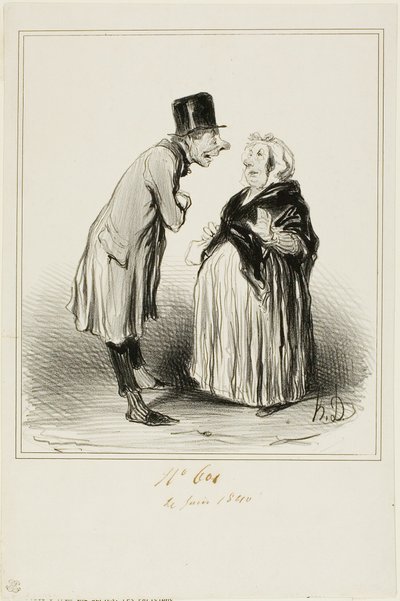 "- Ebbene sì, è vero, la figlia di Mame Chopin si è sposata ieri con il figlio di Durand. Ho appena parlato con il giovane e da quello che mi ha detto (in piena confidenza), lei deve averne avuti di strani prima di lui...", tavola 6 da Les Parisiens da Honoré Victorin Daumier